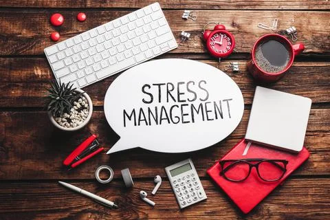 Flat lay composition of speech bubble lightbox with phrase Stress Management  Stock Photos