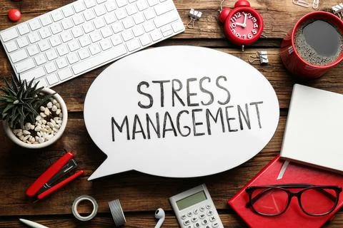 Flat lay composition of speech bubble lightbox with phrase Stress Management  Stock Photos