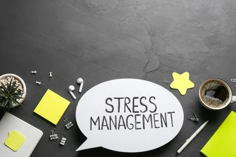 Flat lay composition of speech bubble lightbox with phrase Stress Management  Stock Photos