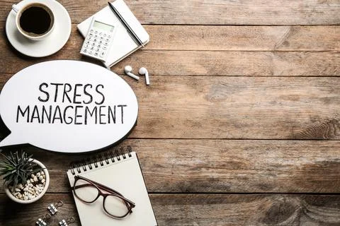 Flat lay composition of speech bubble lightbox with phrase Stress Management  Stock Photos