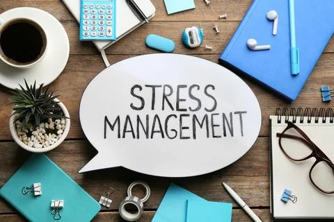 Flat lay composition of speech bubble lightbox with phrase Stress Management  Stock Photos