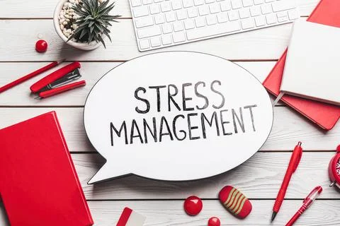 Flat lay composition of speech bubble lightbox with phrase Stress Management  Stock Photos
