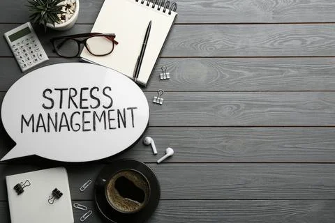 Flat lay composition of speech bubble lightbox with phrase Stress Management  Stock Photos