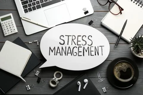Flat lay composition of speech bubble lightbox with phrase Stress Management  Stock Photos