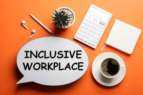 Flat lay composition of speech bubble lightbox with phrase INCLUSIVE WORKPLAC Stock Photos