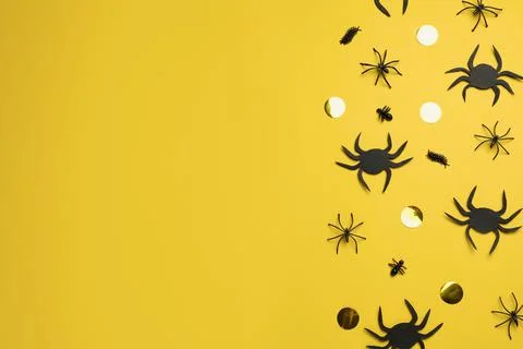 Flat lay composition with spiders and golden confetti on pale yellow backgrou Stock Photos
