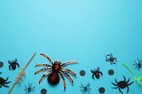 Flat lay composition with spiders, confetti and straws on light blue backgrou Stock Photos