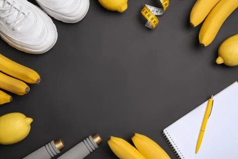 Flat lay composition with sport items, healthy food, notebook and space for t 스톡 사진