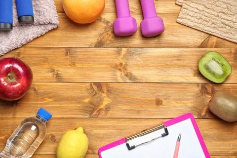 Flat lay composition with sport items, healthy food, clipboard and space for  스톡 사진
