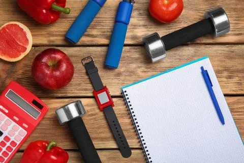 Flat lay composition with sport items, healthy food, notebook and space for t 스톡 사진