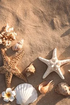 Flat lay composition with starfishes and seashells on sandy beach. Space for  스톡 사진