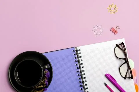 Flat lay composition with stationery on pink background. Mock up for design Stock Photos
