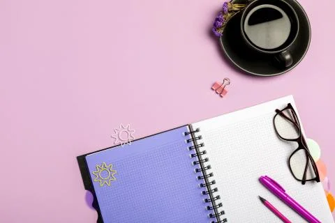 Flat lay composition with stationery on pink background. Mock up for design Stock Photos