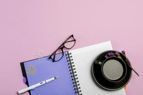 Flat lay composition with stationery on pink background. Mock up for design Stock Photos