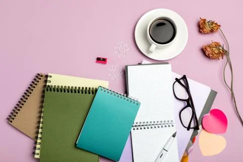 Flat lay composition with stationery on pink background. Mock up for design Stock Photos