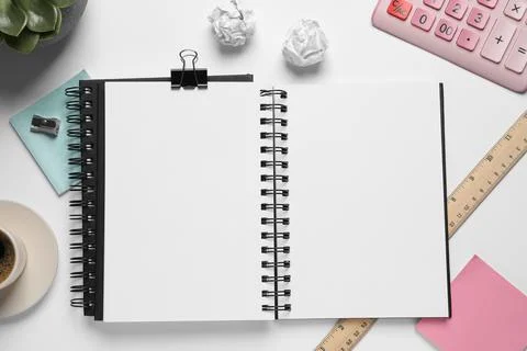 Flat lay composition with stylish notebook on white table Foto stock