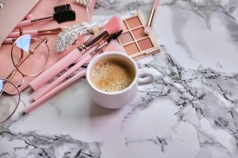 Flat lay composition with tablet and makeup product Stock Photos