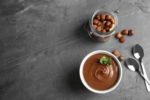 Flat lay composition with tasty chocolate mousse and space for text on table Stock Photos