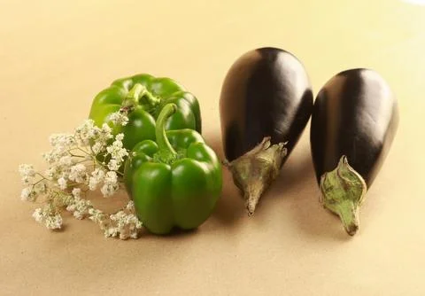 Flat-lay composition of two eggplants with two green peppers and decorative whit Stock Photos