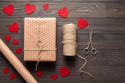 Flat lay composition on Valentine's Day, a birthday with gifts, scissors Stock Photos