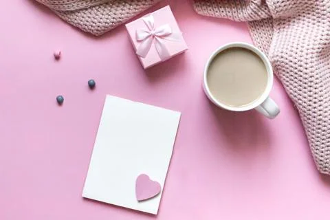 Flat lay composition of valentine's day. Pink pastel background with a card Stock Photos