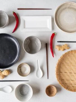 Flat lay composition with various dishes for serving Asian ceramics. Top view Stock Photos