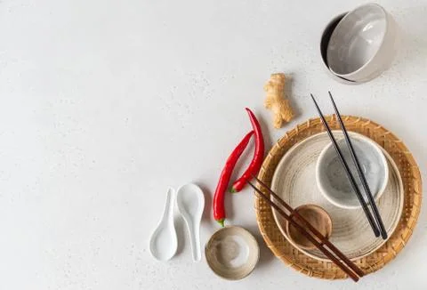 Flat lay composition with various dishes for serving Asian ceramics. Top view Stock Photos