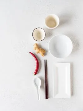 Flat lay composition with various dishes for serving Asian ceramics. Top view Stock Photos