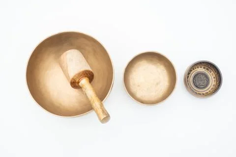 Flat lay composition of wholistic healing Tibetan singing bowls Stock Photos