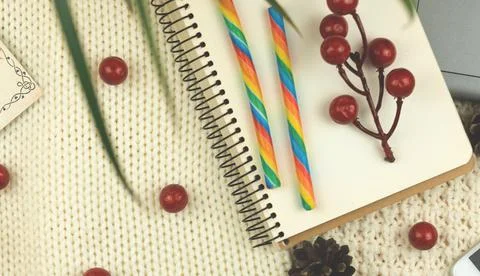 Flat lay composition, winter cozy background with food, candy and decorations Stock Photos