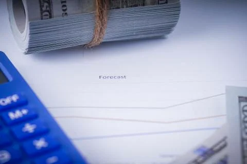 Flat lay composition of a work desk with papers, pen and calculators Stock Photos