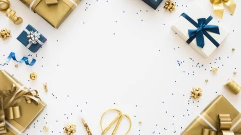 Flat lay composition wrapped presents with copy space Resolution and high Stock Photos