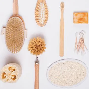 Flat lay composition with zero waste home tools Stock Photos