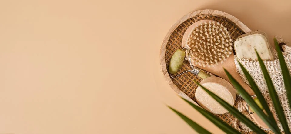 Flat lay composition with zero waste eco friendly cosmetics and bathroom acce Stock Photos