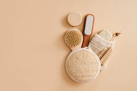 Flat lay composition with zero waste eco friendly cosmetics and bathroom acce Stock Photos