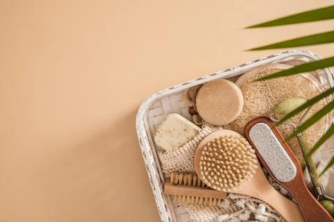 Flat lay composition with zero waste eco friendly cosmetics and bathroom acce Stock Photos