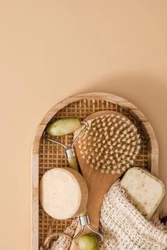 Flat lay composition with zero waste eco friendly cosmetics and bathroom acce Stock Photos