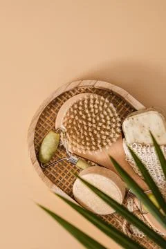 Flat lay composition with zero waste eco friendly cosmetics and bathroom acce Stock Photos