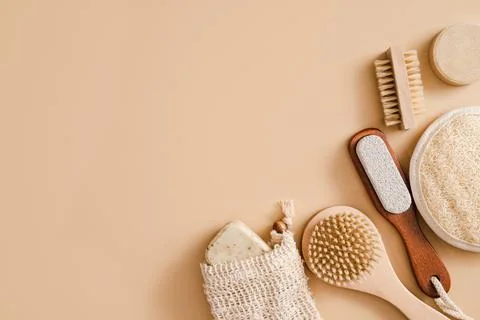 Flat lay composition with zero waste eco friendly cosmetics and bathroom acce Stock Photos