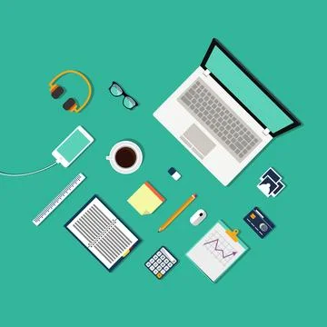 Flat lay of computer desk and busness element, top look of eps vector format Stock Illustration