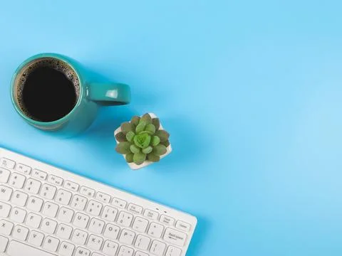 Flat lay of computer keyboard, blue black coffee cup and succulent plant pot  Stock Photos
