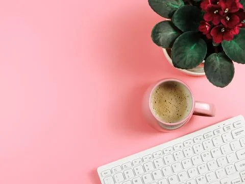 Flat lay of computer keyboard, pink coffee cup  and African violets in plan.. Stock Photos