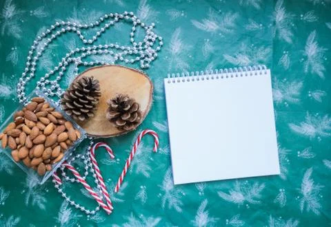 A flat lay concept on the green background, top view holiday mockup Stock Photos
