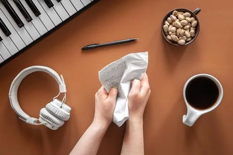 Flat lay, concept of musical creativity, making music. Stock Photos