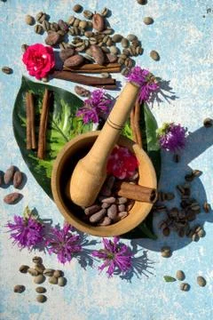 Flat lay  concept with raw cocoa and coffee beans ,twig of cinnamon,  leaf an Stock Photos