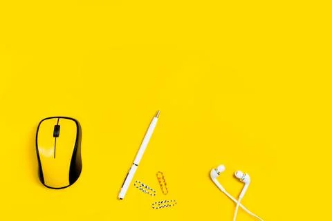 Flat lay concept work, education. office computer mouse Stock Photos