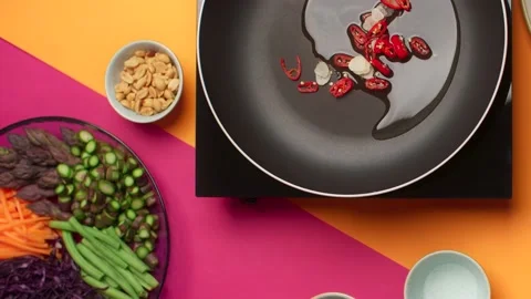 Flat lay cooking: chef adds spicy pepper to the hot pan, 4k Stock Footage 205722277