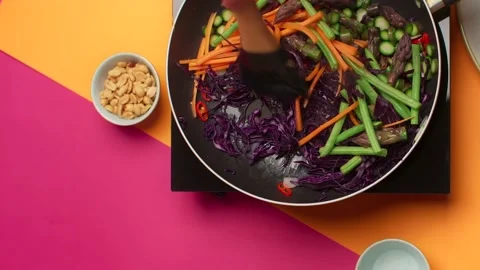 Flat lay cooking food recipe: cooking of the vegetable stew Stock Footage 213967390