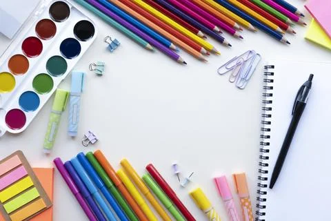 Flat lay, copy space Pencils, paints, markers and other school stationery Stock Photos