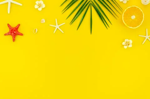 Flat lay corner frame beach concept with empty space for banner on yellow Stock Photos